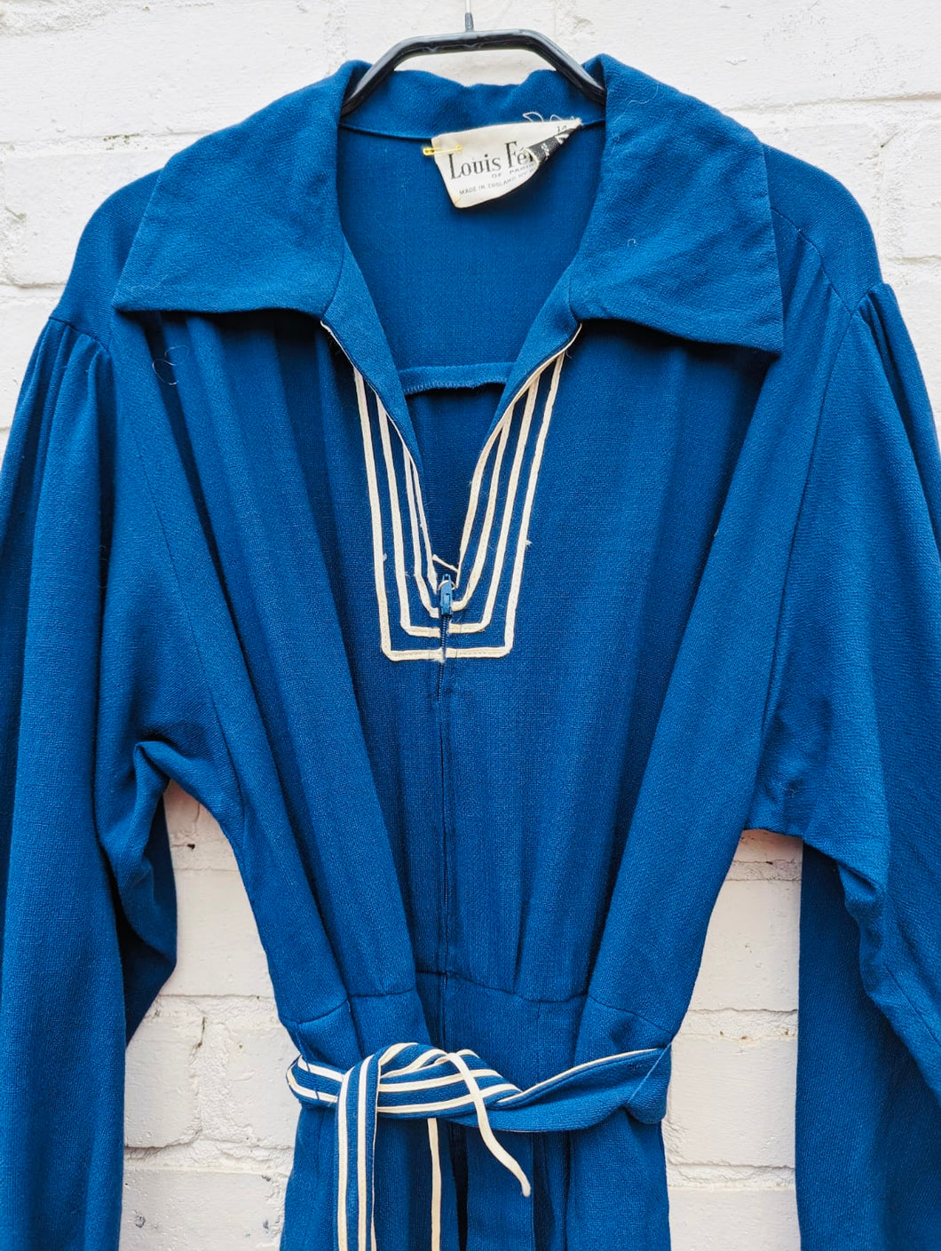 1950s designer Louis Feraud blue sailor dress with belt