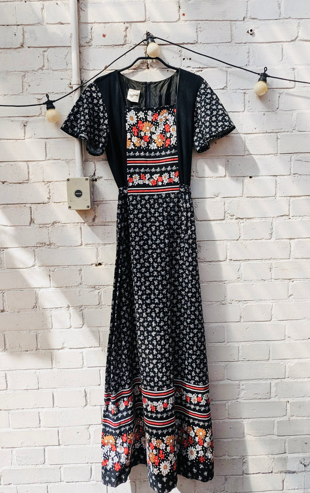 Black, red and white flower power 1970's maxi
