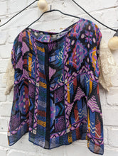 Load image into Gallery viewer, Unusual colourful 1930&#39;s silk print top with lace sleeves

