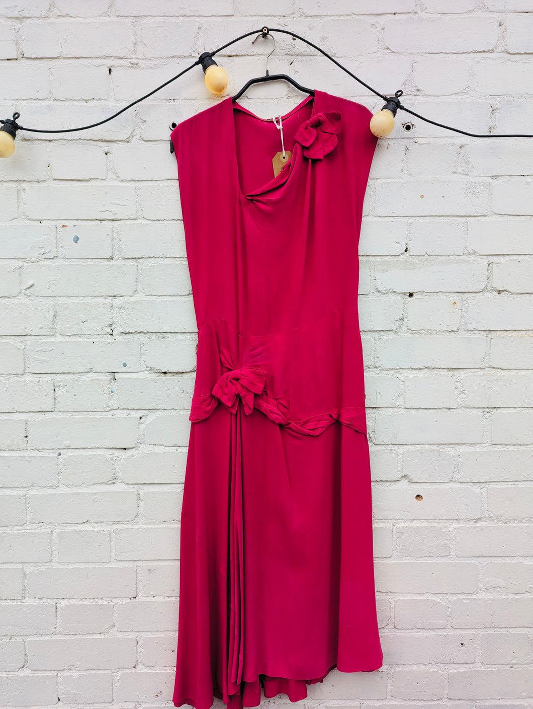1940s Hot Pink Silk Crepe Drop Waist Asymmetric Neckline Dress - genuine vintage