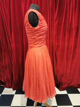 Load image into Gallery viewer, 1950s Coral Red Rouched Chiffon Party Dress - genuine vintage

