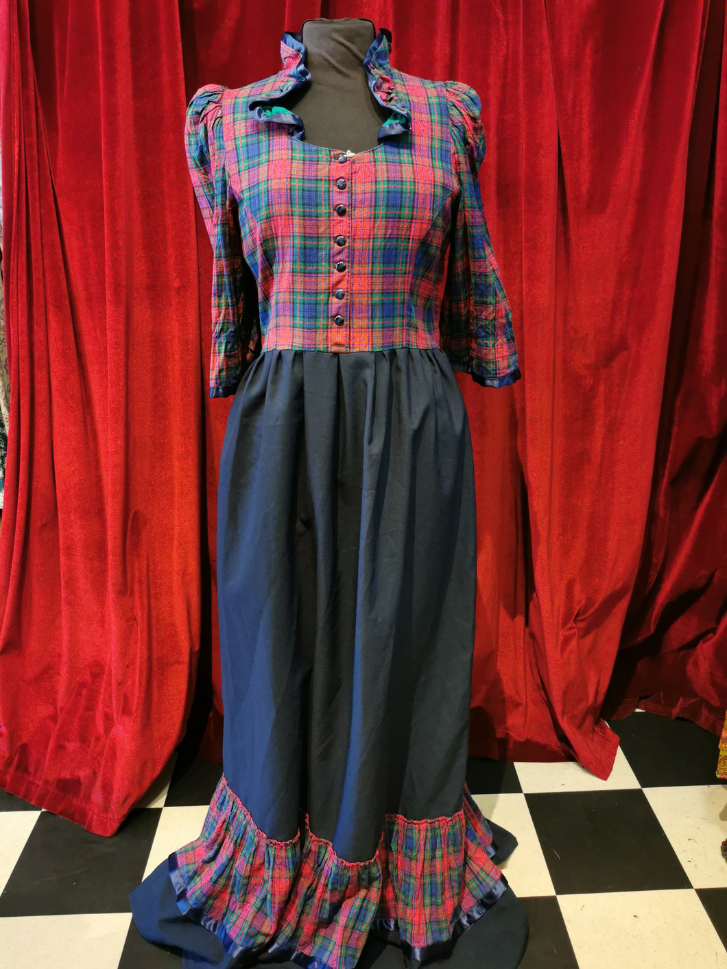 Vintage 1980s Red, Green & Blue Checked Bodice Maxi Dress