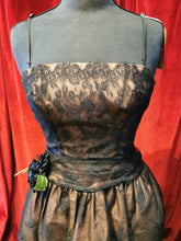 Load image into Gallery viewer, Vintage 1950s Susan Small Black Lace Overlay Peach Prom Dress
