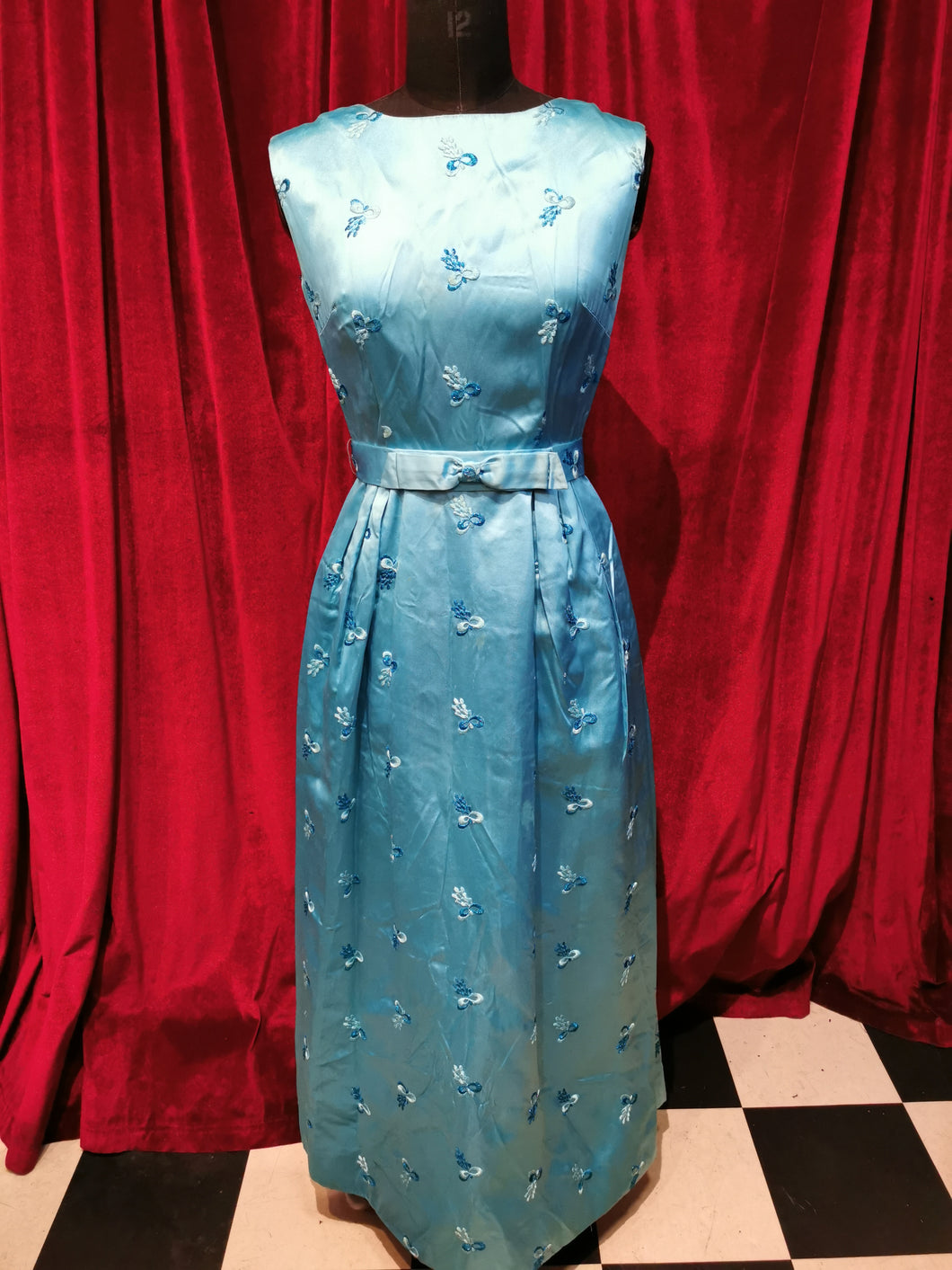 Vintage Early 1960s Pastel Blue Satin Ankle Length Evening Gown