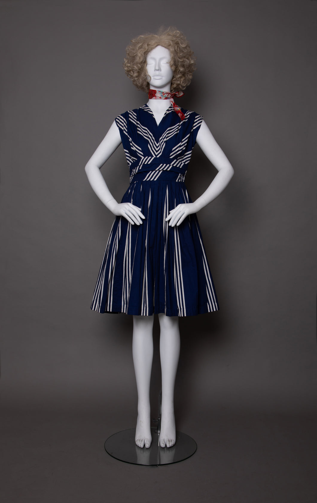 Vintage 1950s Navy Blue & White Striped Fit & Flare Swing Dress