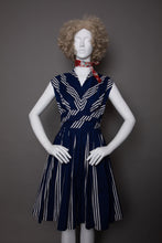 Load image into Gallery viewer, Vintage 1950s Navy Blue &amp; White Striped Fit &amp; Flare Swing Dress
